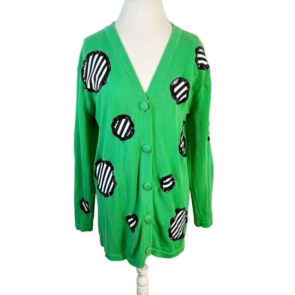 Vintage Anne Klein for Sadimara Green Button Cardigan Long Sequins Dots Size S - Picture 1 of 8